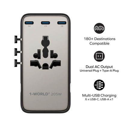 1-World² 205W 7-Port Dual AC Travel Adapter