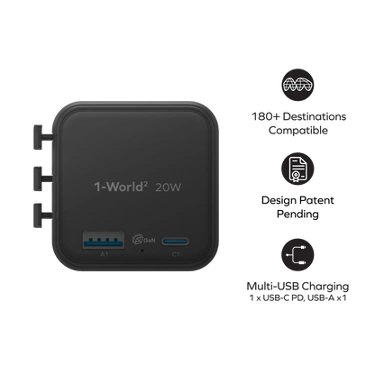 1-World² 2-Port USB-A and USB-C GaN Travel Charger 20W