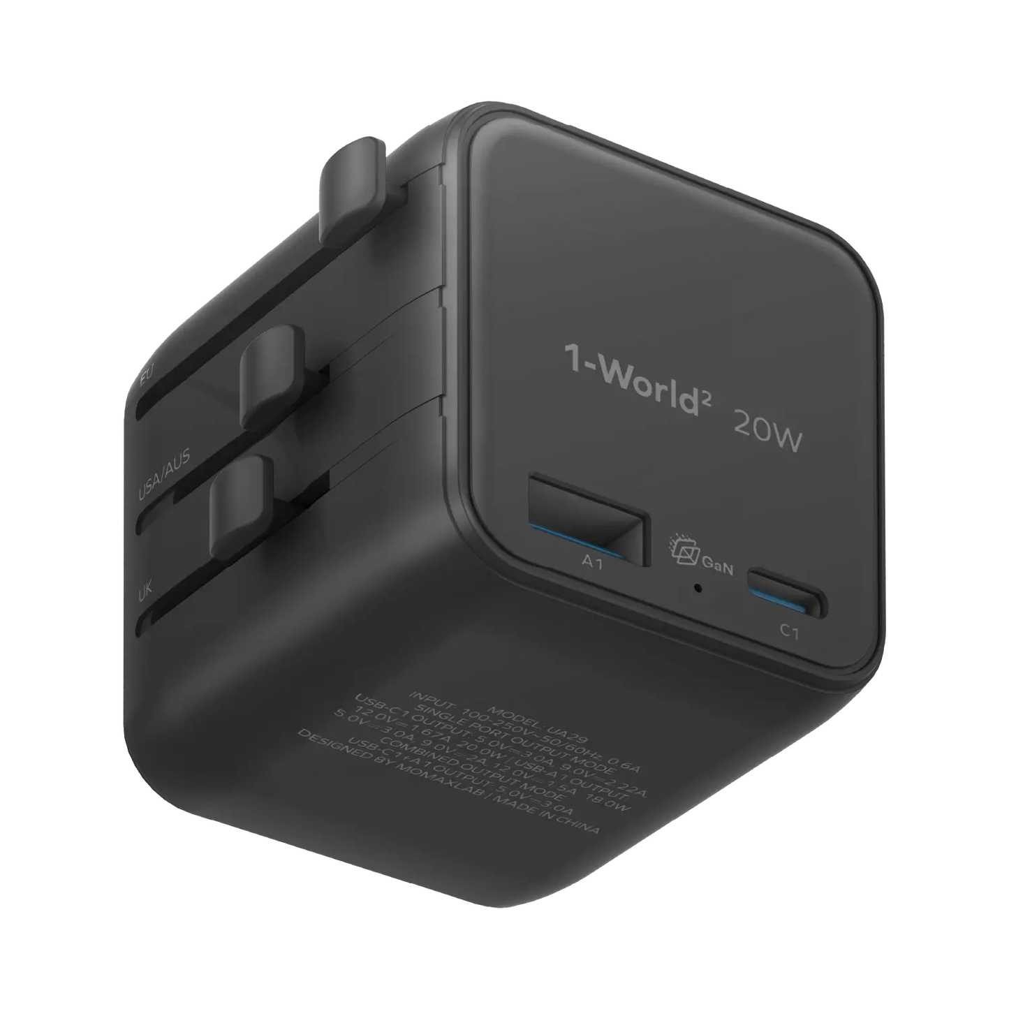 1-World² 2-Port USB-A and USB-C GaN Travel Charger 20W