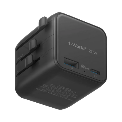1-World² 2-Port USB-A and USB-C GaN Travel Charger 20W