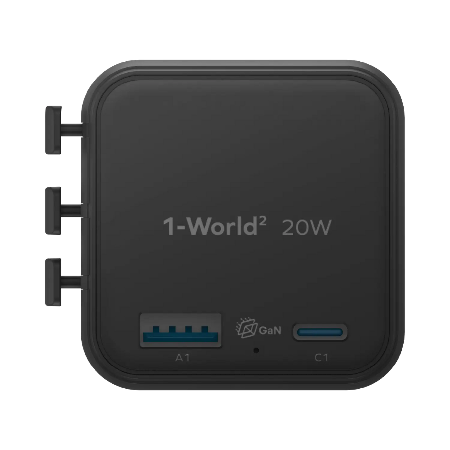 1-World² 2-Port USB-A and USB-C GaN Travel Charger 20W