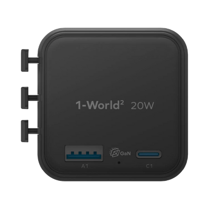 1-World² 2-Port USB-A and USB-C GaN Travel Charger 20W