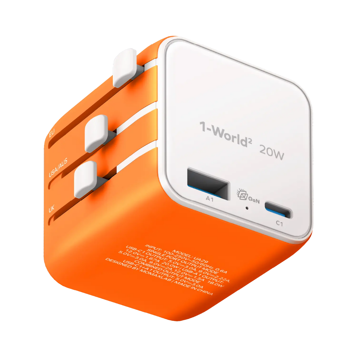 1-World² 2-Port USB-A and USB-C GaN Travel Charger 20W