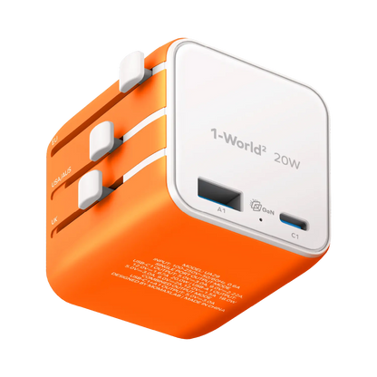 1-World² 2-Port USB-A and USB-C GaN Travel Charger 20W