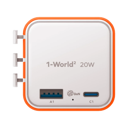 1-World² 2-Port USB-A and USB-C GaN Travel Charger 20W