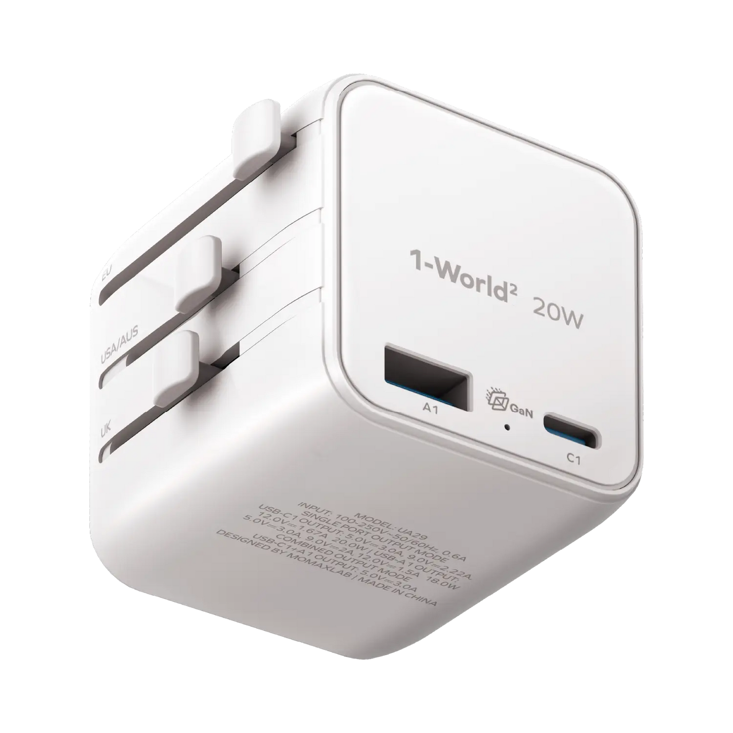1-World² 2-Port USB-A and USB-C GaN Travel Charger 20W