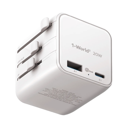 1-World² 2-Port USB-A and USB-C GaN Travel Charger 20W