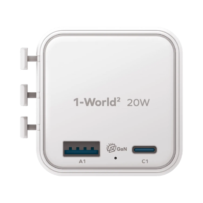 1-World² 2-Port USB-A and USB-C GaN Travel Charger 20W