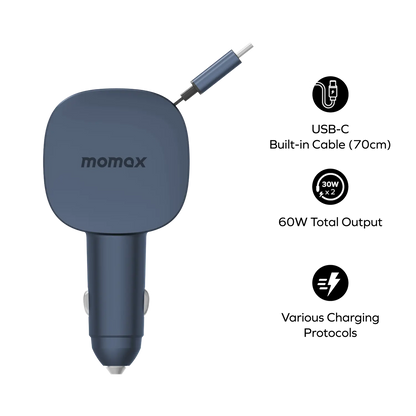 1-Move⁺ 2-Port Car Charger With Built-In Retractable Cable 60W