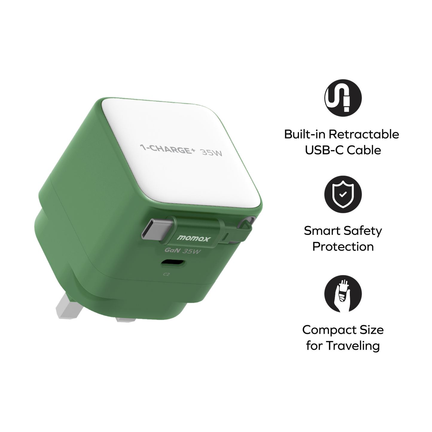 1-Charge+ 1-Port GaN Charger With Built-In USB-C Cable 35W