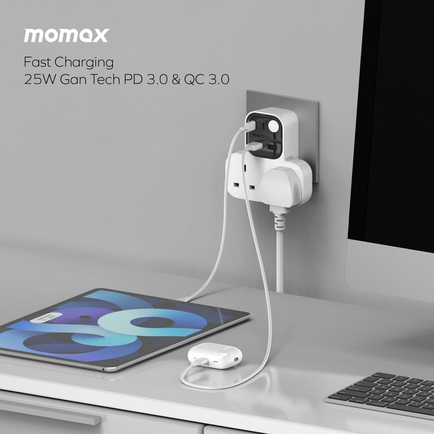 1-Charge Work Flow T-Shaped Extension Cord With 2 Sockets, 2 USB-A and 2 USB-C Ports