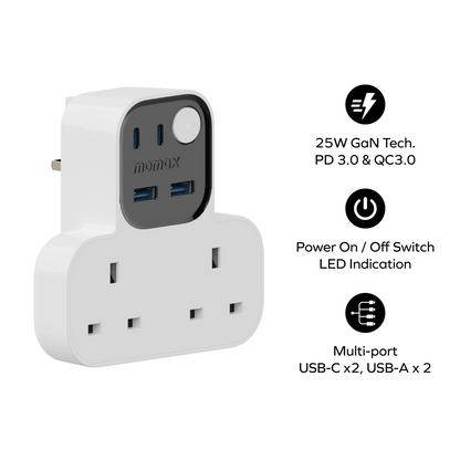 1-Charge Work Flow T-Shaped Extension Cord With 2 Sockets, 2 USB-A and 2 USB-C Ports
