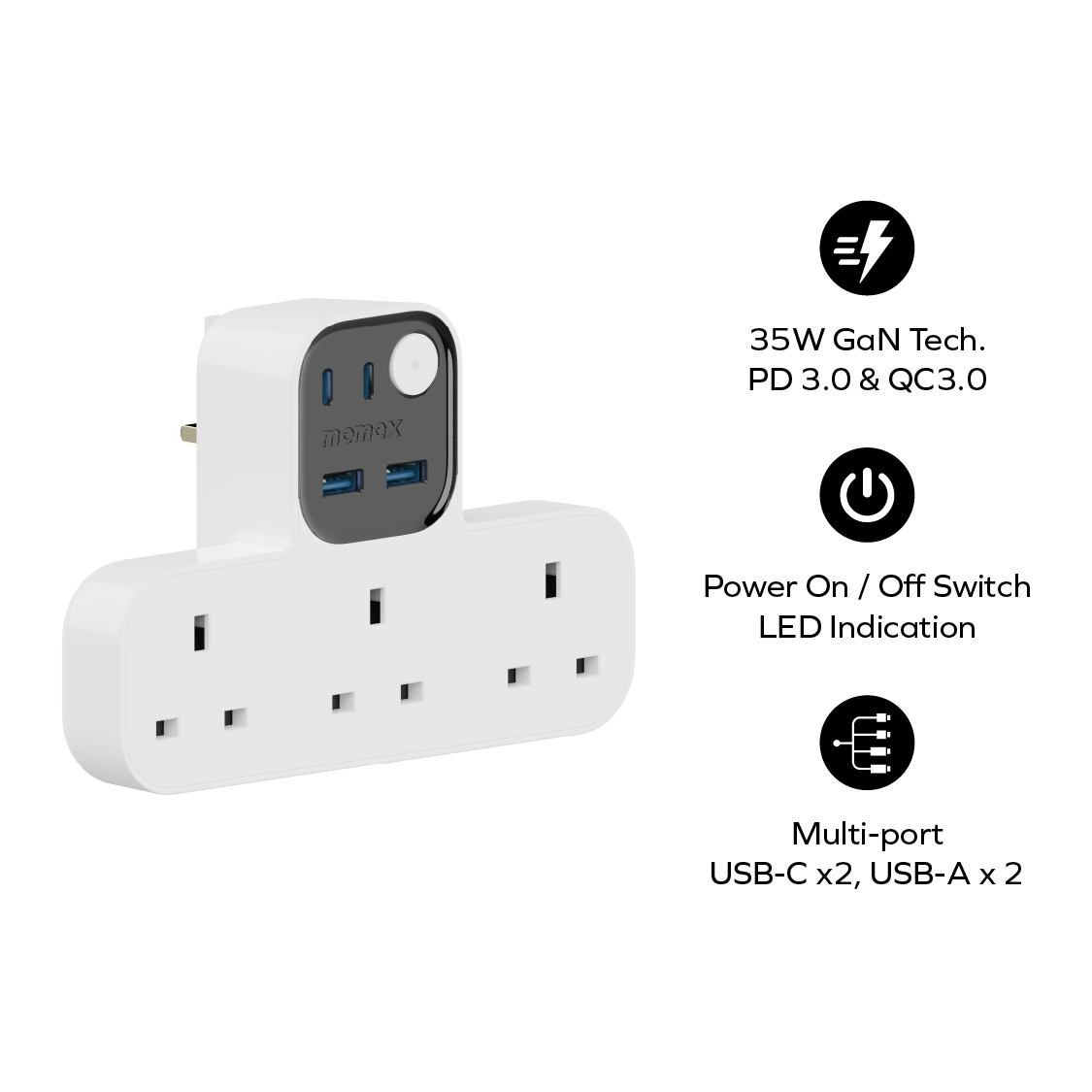 1-Charge Work Flow T-Shaped Extension Cord With 3 Sockets, 2 USB-A and 2 USB-C Ports