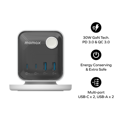 1-Charge Work Flow 3-Outlet GaN Power Cube 30W with USB Ports