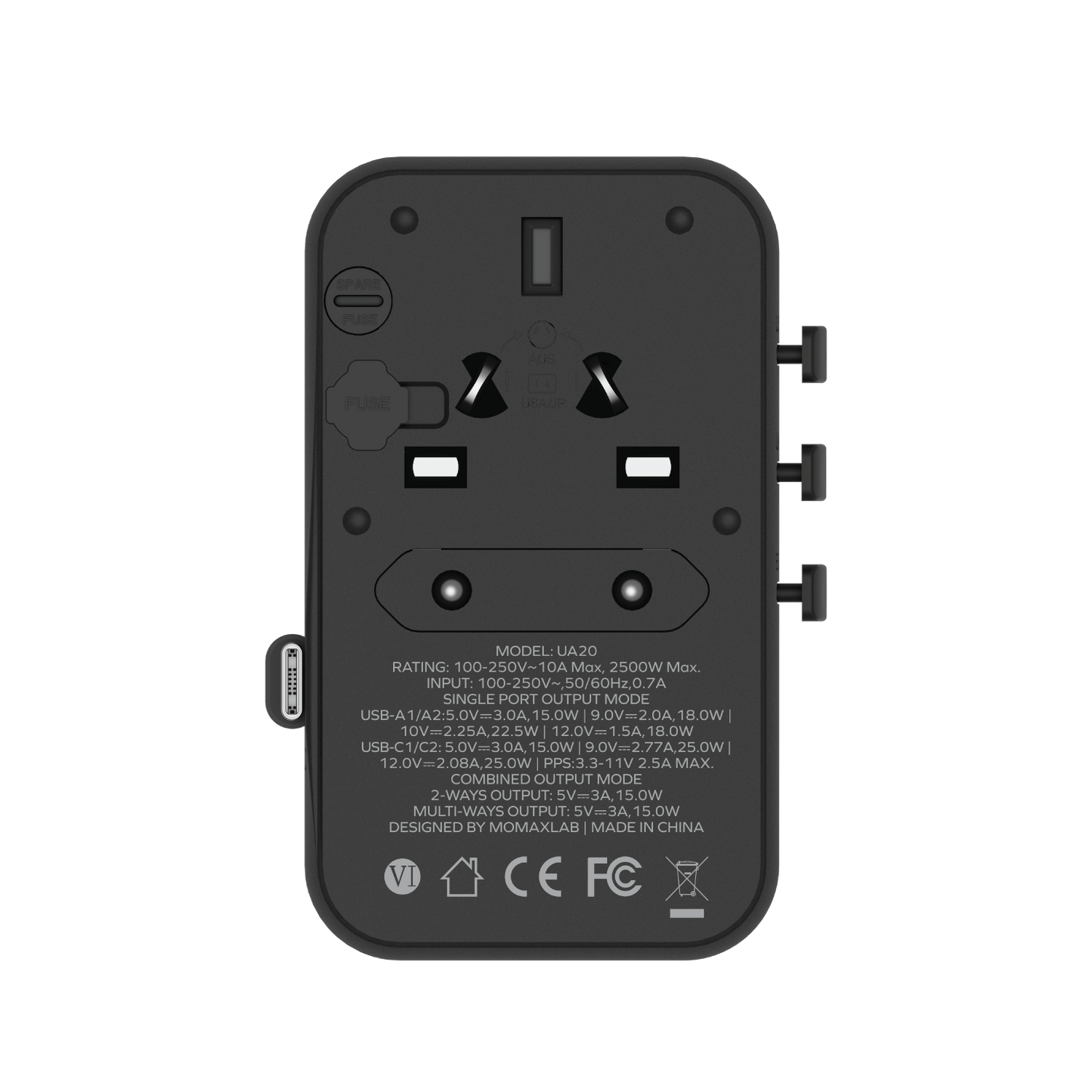 1-World+ 3-Port Travel Charger Built-In USB-C Cable 25W
