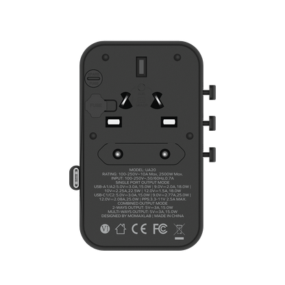 1-World+ 3-Port Travel Charger Built-In USB-C Cable 25W