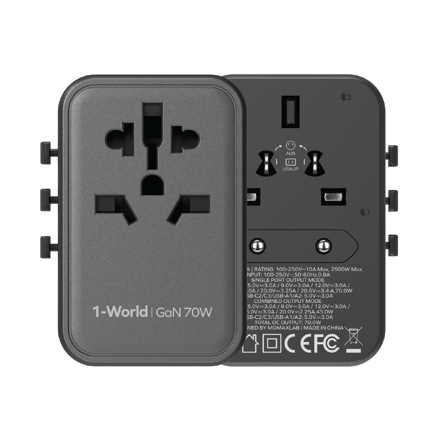 1-World Universal 5-Port Travel GaN Charger 70W