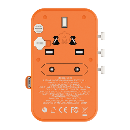 1-World+ 3-Port Travel Charger Built-In USB-C Cable 25W
